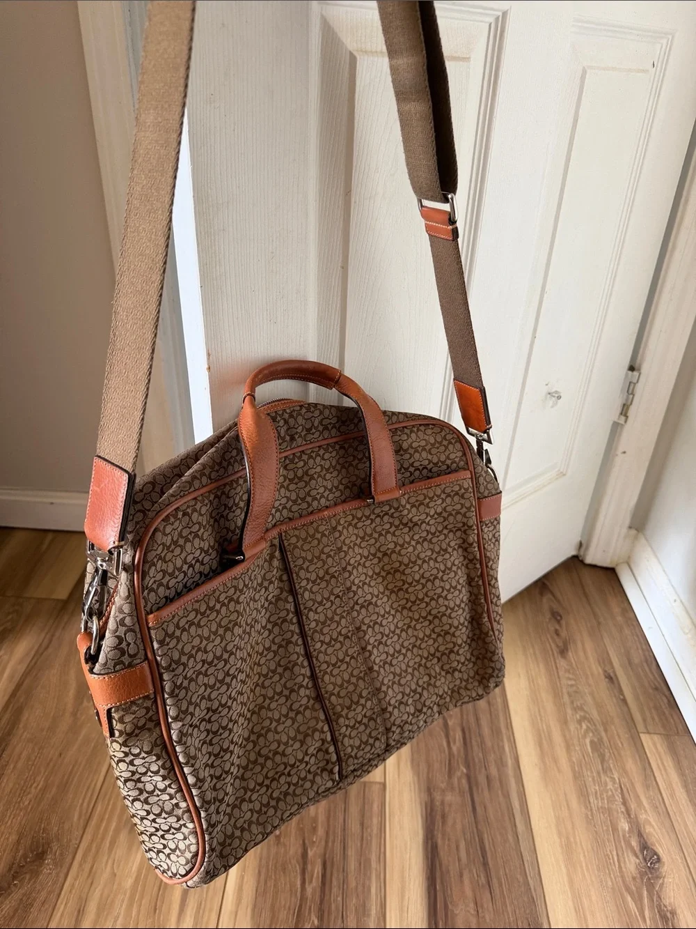 Large Coach Signature Canvas Briefcase with Tan Leather Trim